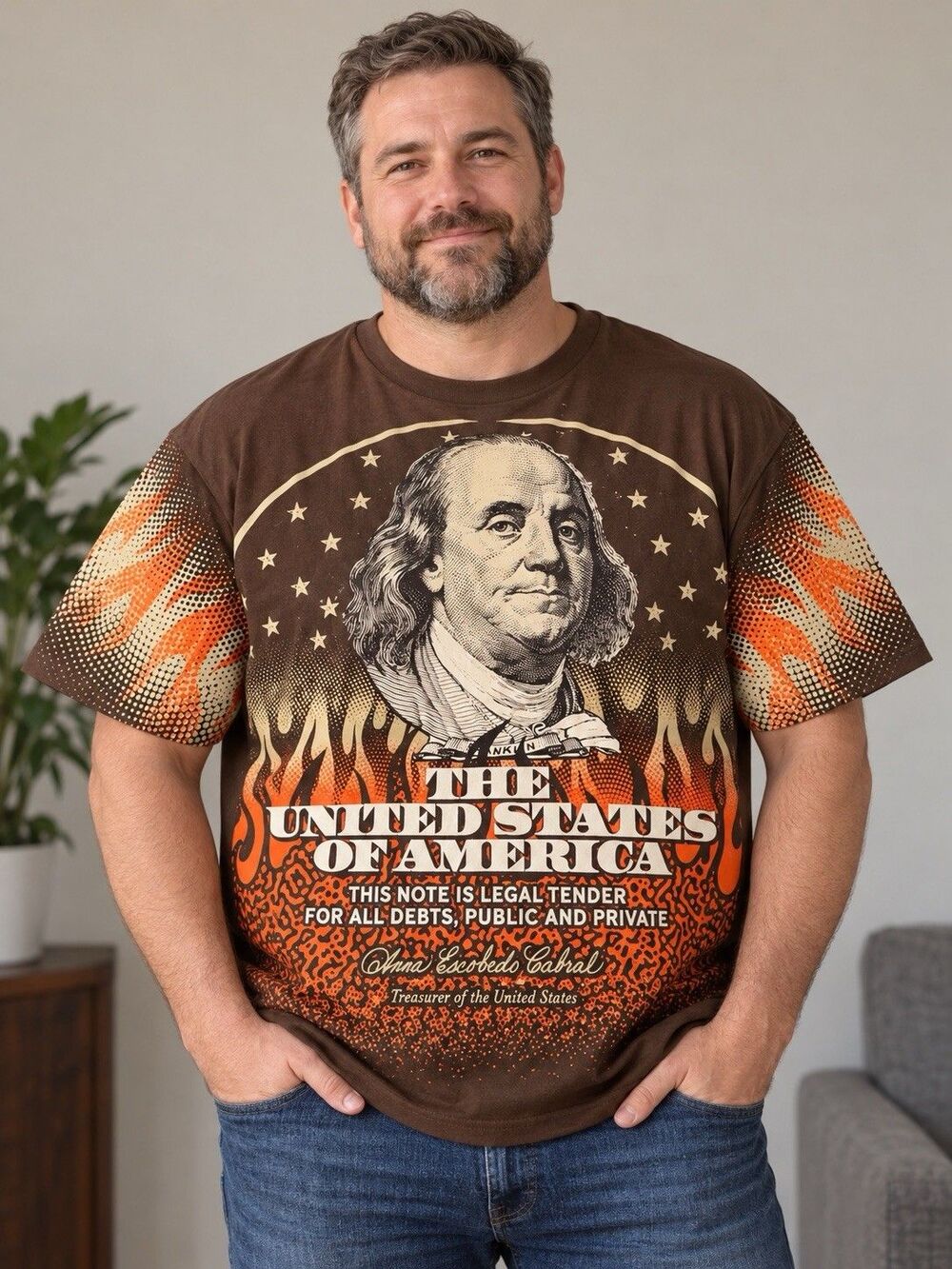 Benjamin Franklin Flame Money Graphic T-Shirt Contender 2XL Brown Streetwear